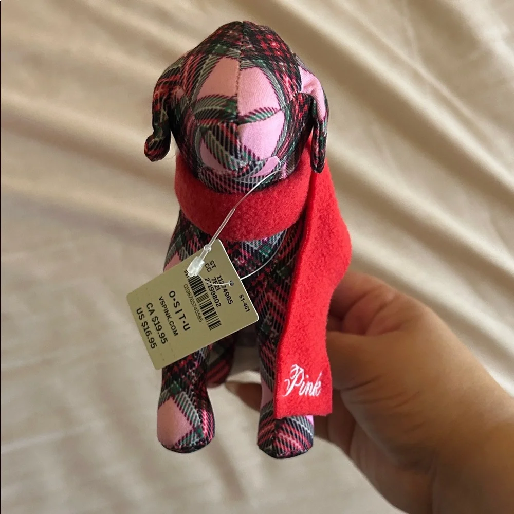 PINK Victoria's Secret Pink & Black Plaid Plush Dog with Red Scarf - Picture 2 of 2